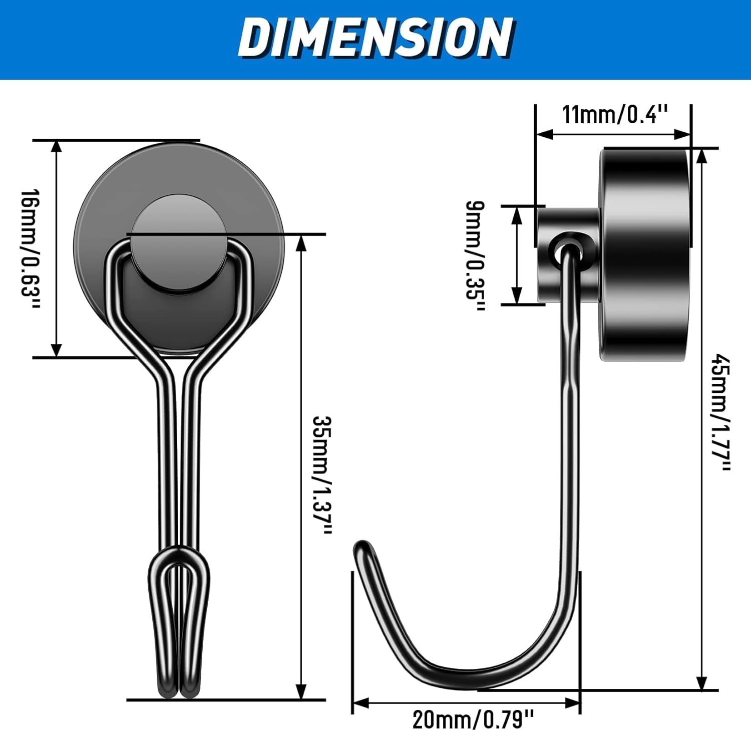Black Magnetic Hooks, 25LBS Strong Magnetic Hooks Heavy Duty, 4Pack Neodymium Magnet Hooks for Cruise Cabin, Swivel Swing Magnets with Hooks for Refrigerator, Grill, Hanging, Classroom, Garage