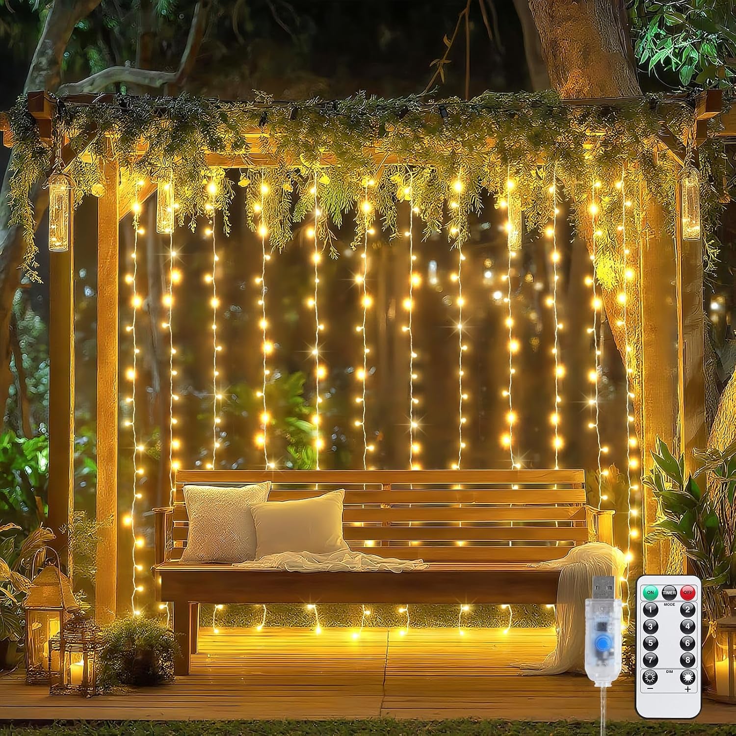200 LED Curtain Lights for Bedroom, Warm White Hanging Curtain String Lights Indoor, USB Plug in Dorm Twinkle Lights with Remote for Wall Backdrop Wedding Birthday Party Decor, 6.5Ft X 6.5Ft