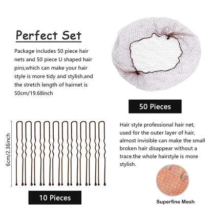 Invisible Hair Nets and U Shaped Hair Pins Set/Hair Bun Shaper Set with 50Pcs Elastic Edge Mesh Hair Nets and 10Pcs Positioning U Shaped Hair Pins for Women Hair Bun(Brown)