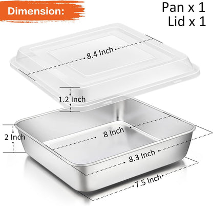 Square Baking Cake Pan with Lid, Stainless Steel Lasagna Brownie Pan and Plastic Cover for Picnic Wedding Birthday, Healthy & Sturdy, Oven & Dishwasher Safe, (8 Inch, 2Pcs)