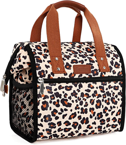 Leopard Lunch Bag Insulated Lunch Bags for Women Men and Kids Reusable & Wide-Open Lunch Tote Bag Portable Insulated Bag for Office, School and Picnic, (Beige with Leopard)