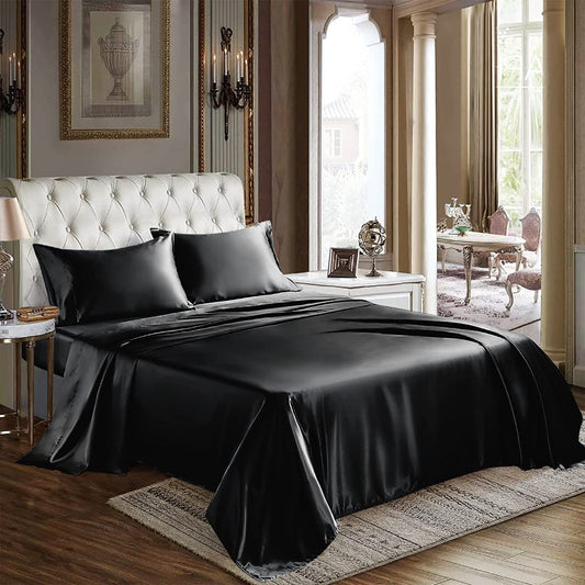 Satin Sheets Queen Size - 4 Piece Black Bed Sheet Set with Silky Microfiber, 1 Deep Pocket Fitted Sheet, 1 Flat Sheet, and 2 Pillowcases - Smooth and Soft