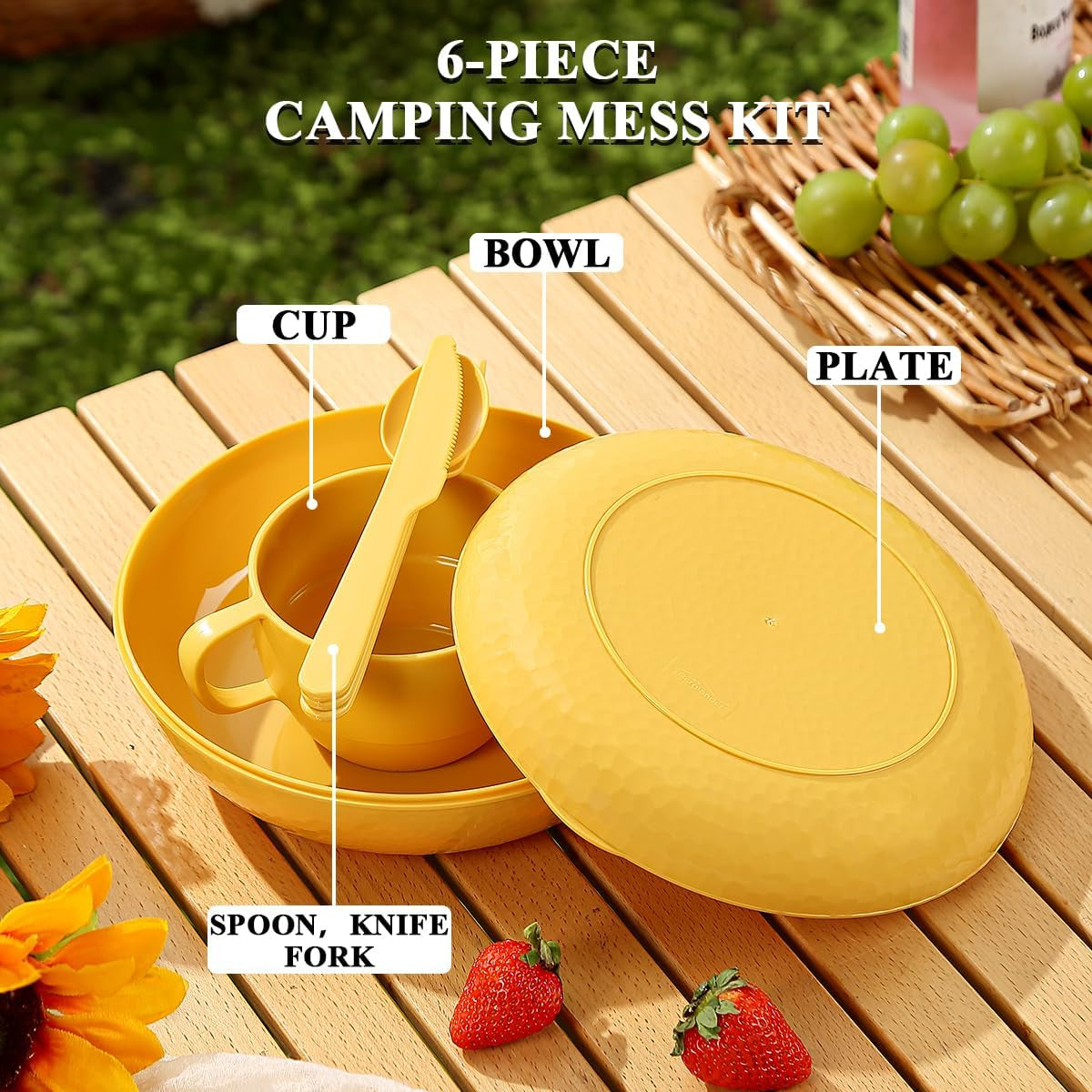 Compact Camping Mess Kit with Bowl, Plate, Cup, Spoon, Fork, Knife, and Carry Bag - Space-Saving, Portable Plastic Utensils for Travel, Picnics, and Outdoor Activities (Gold Yellow)