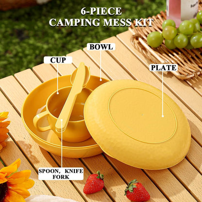 Compact Camping Mess Kit with Bowl, Plate, Cup, Spoon, Fork, Knife, and Carry Bag - Space-Saving, Portable Plastic Utensils for Travel, Picnics, and Outdoor Activities (Gold Yellow)