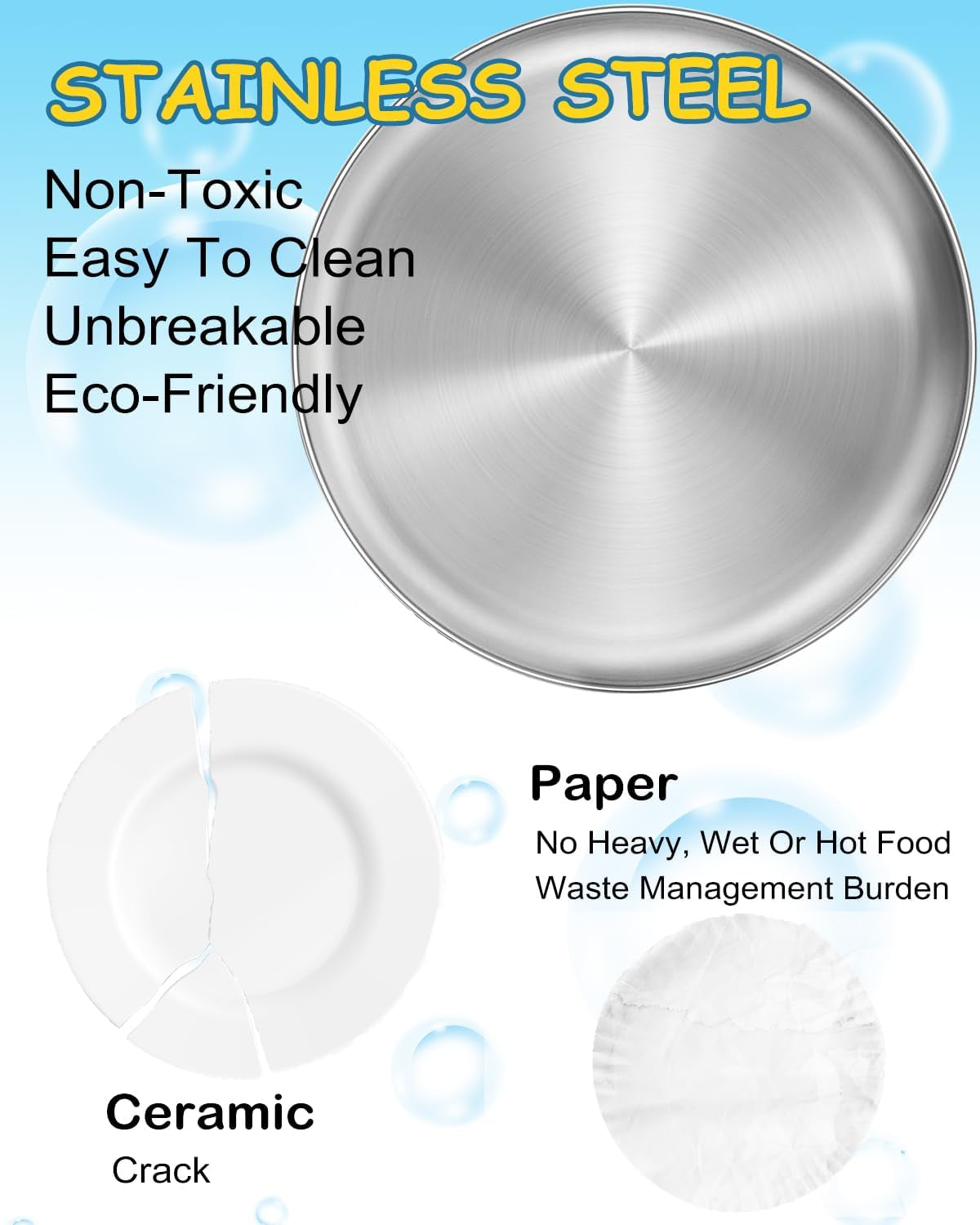 10-Inch Stainless Steel Plates Set, Non-Toxic Unbreakable Metal Dishes Plates for Kids Toddlers, Lightweight Camping Food Tray, Dishwasher & Oven Safe (Silver - Flat, 10" round - 6 Packs)