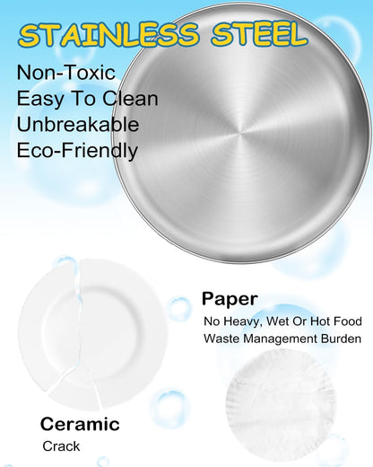 10-Inch Stainless Steel Plates Set, Non-Toxic Unbreakable Metal Dishes Plates for Kids Toddlers, Lightweight Camping Food Tray, Dishwasher & Oven Safe (Silver - Flat, 10" round - 6 Packs)