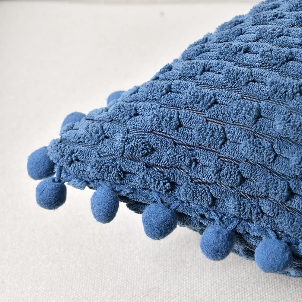 Set of 2 Dusty Blue Decorative Throw Pillow Covers 18X18 Inch with Pom-Poms for Couch Bed Sofa, Rustic Farmhouse Boho Home Decor, Soft Plush Corduroy Cute Cushion Case 45X45 Cm
