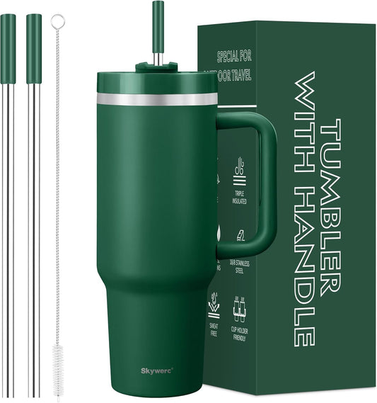 40 Oz Tumbler with Handle and Straw, 2 in 1 Lid, Vacuum Insulated Stainless Steel Double Wall Water Bottle Travel Mug - Holiday Gifts for Women Men - Dark Green