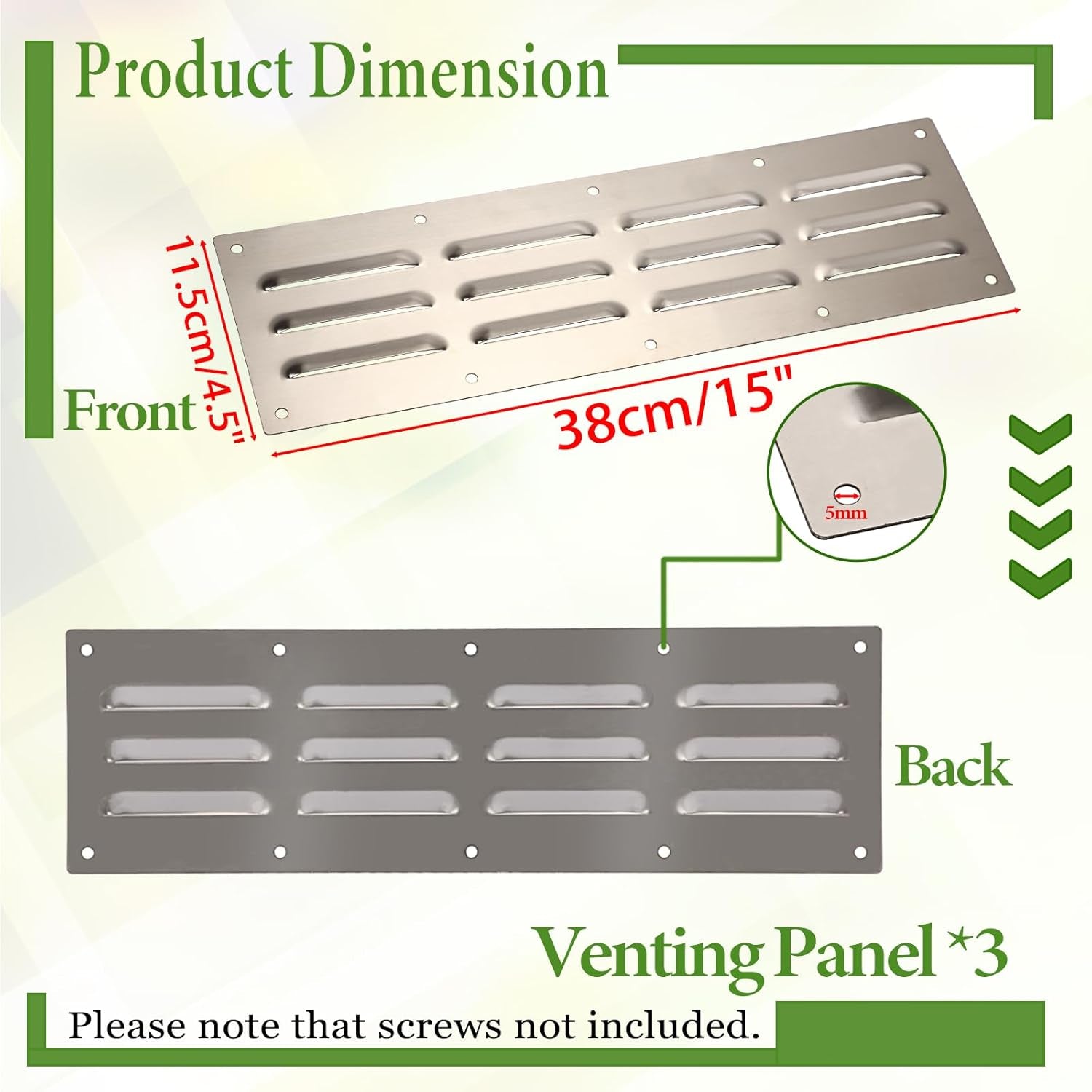 Stainless Steel Venting Panel Set for Grills - Rectangle Vent Covers for Masonry Fire Pits and Outdoor Kitchens, 15 x 4.5 Inches (3 Pack)