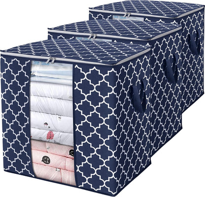 Storage Bags 3 Pack/100L Large Blanket Clothes Organization and Storage Containers for Comforters,Bedding, Foldable Organizer with Reinforced Handle, Clear Window, Sturdy Zippers,Blue
