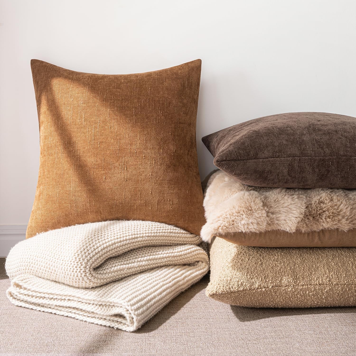 Pack of 2 Decorative Throw Pillow Covers Soft Chenille Throw Pillows Solid Neutral Farmhouse Textured Cushion Covers for Couch Sofa Bedroom Living Room 18X18 Inch, Brown