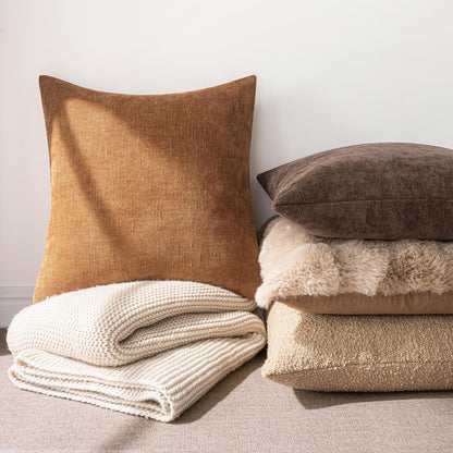 Pack of 2 Decorative Throw Pillow Covers Soft Chenille Throw Pillows Solid Neutral Farmhouse Textured Cushion Covers for Couch Sofa Bedroom Living Room 18X18 Inch, Brown