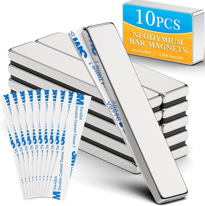 10Pack Magnets Bar Magnet Strips Permanent Rare Earth Magnets with Double-Sided Adhesive for Fridge, Garage, Kitchen, Science, Craft, Office, DIY