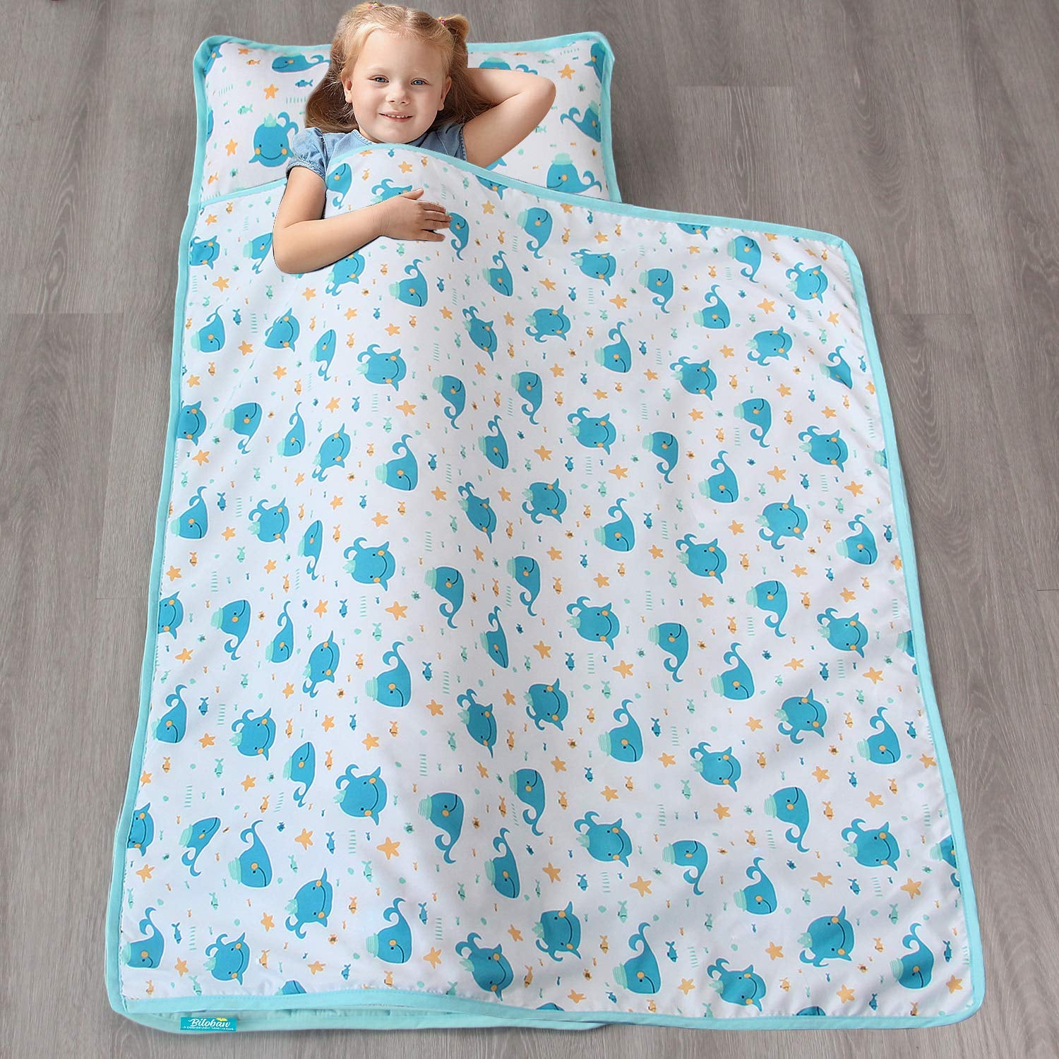 Toddler Nap Mat with Pillow and Blanket, Cot Nap Mats for Daycare Preschool, Lightweight Portable Travel Sleeping Bag for Kids, Warm & Skin-Friendly, Blue Whale, 50" X 21"