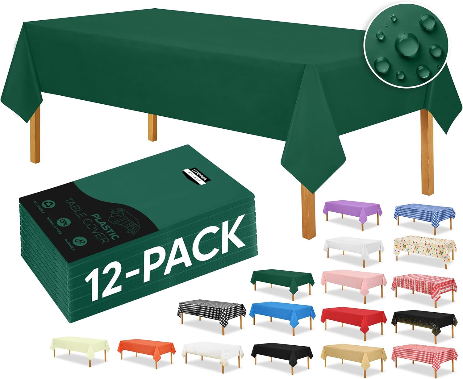 Plastic Table Cloth Disposable (12 Pack - 54X108 Inch) Green Rectangle Tablecloth Waterproof Stain Resistant Party Table Cover