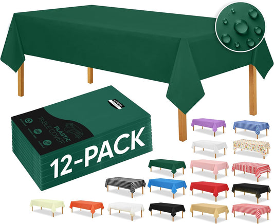 Plastic Table Cloth Disposable (12 Pack - 54X108 Inch) Green Rectangle Tablecloth Waterproof Stain Resistant Party Table Cover