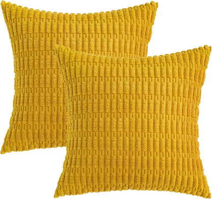 Pack of 2 Corduroy Decorative Throw Pillow Covers 18X18 Inch Soft Boho Striped Pillow Covers Modern Farmhouse Home Decor for Summer Sofa Living Room Couch Bed Mustard Yellow