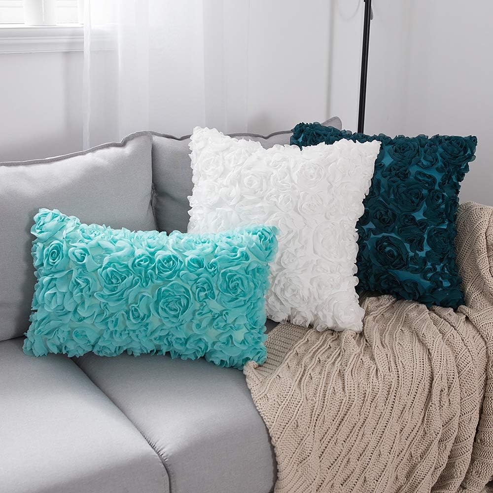 Pack of 2 3D Decorative Spring Romantic Stereo Chiffon Rose Flower Pillow Covers Solid Square Pillowcases for Valentines Day Decoration Sofa Bedroom Car 16X16 Inch 40X40Cm White Wedding