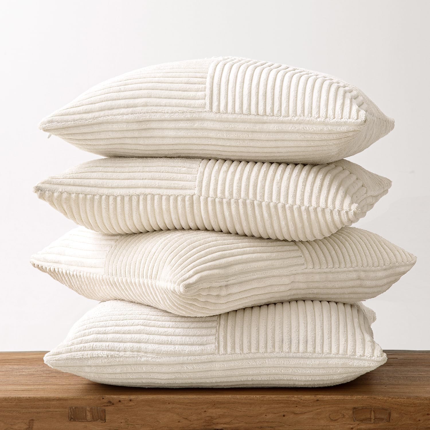 Beige Throw Pillow Covers 16X16 Inch Set of 4 Boho Patchwork Cushion Cases Modern Farmhouse Pillow Cases with Invisible Zipper Corduroy Striped Home Decor for Couch Sofa Bedroom