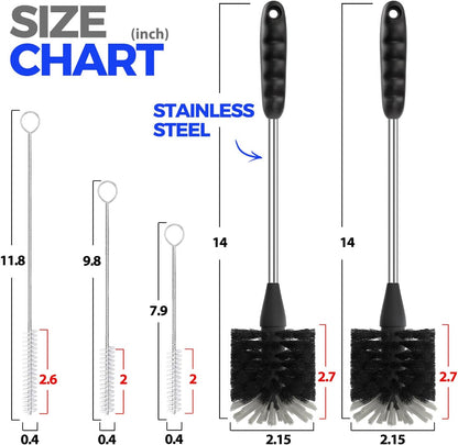 5-Piece Bottle Brush Cleaner Set - 14" Stainless Steel Handle, 3 Straw Brushes, Cleans Water Bottles, Cups, Baby Bottles, Black & Grey
