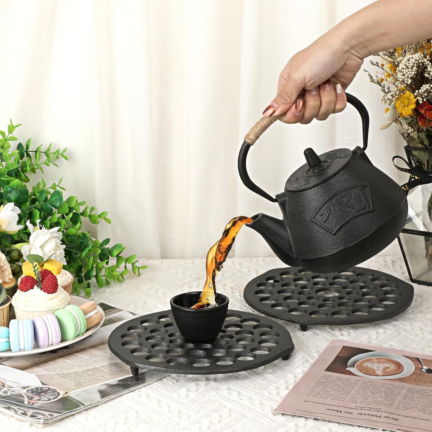 Cast Iron Trivet Set (2 Pieces) - 8-Inch Heavy-Duty Meat Rack for Dutch Ovens, Pre-Seasoned Campfire Grate, Burner Diffuser, and Table Trivet - Rust-Resistant Cast Iron Griddle Accessories