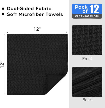 Microfiber Cleaning Cloth, 12 Pack Soft and No Lint Microfiber Towels Cleaning Supplies, Absorbent Fast Drying Cleaning Rags for Housekeeping, Kitchen, Window, 12 X12 Inches, Black