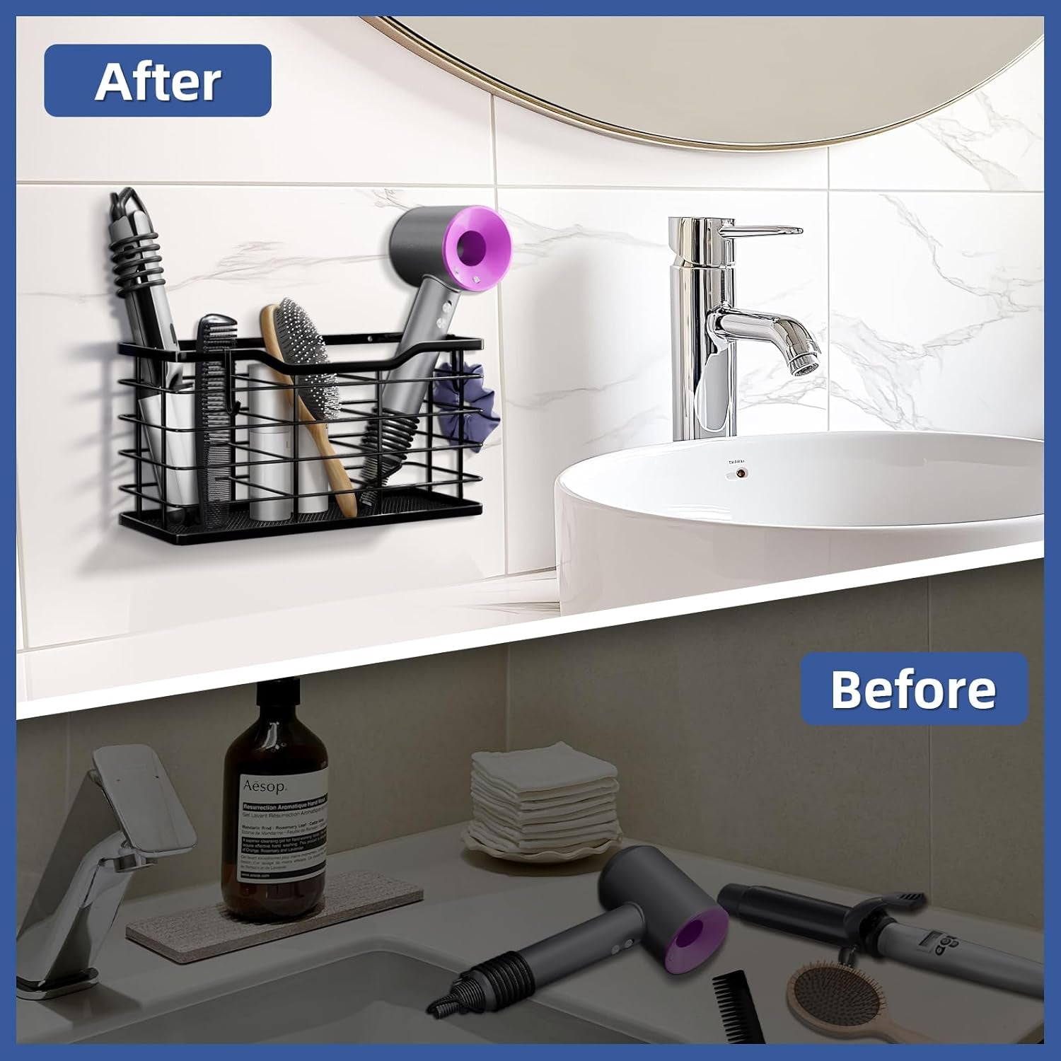 Hair Dryer Holder Hair Tool Organizer, Antirust Wall Mount Bathroom Hair Care Styling Tool Storage Basket for Hair Dryer, Curling Wands, Hair Straighteners