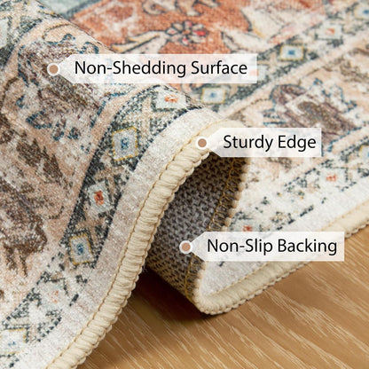 8X10 Area Rug Washable Rugs for Living Room, No Pile Boho Carpet for Entryway Bedroom Dinning Room, Vintage Carpet Print Distressed Non-Slip, 8 X 10 Ft, Green Brick Rust Red