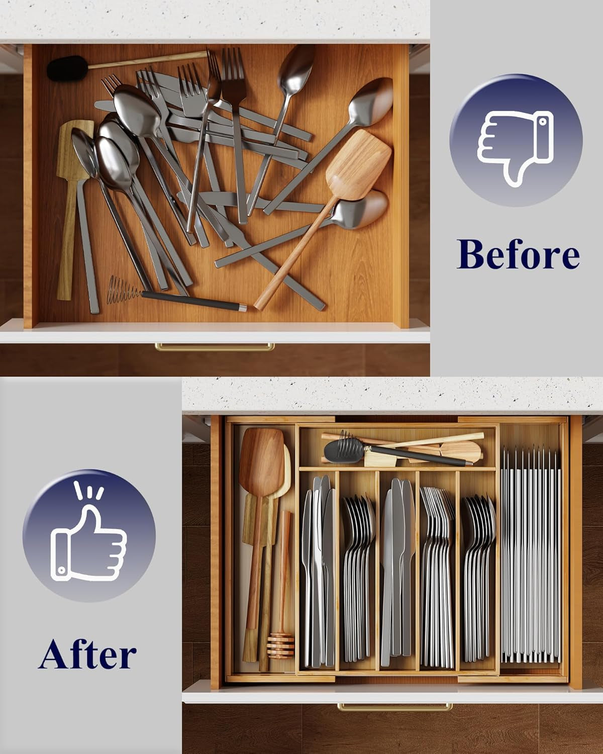 Large Bamboo Silverware Organizer - Expandable Drawer Organizer for Utensil, Cutlery and Flatware, Kitchen Storage Solution with 6 to 8 Slots, Natural, 18.7" × 12.8" × 1.8"