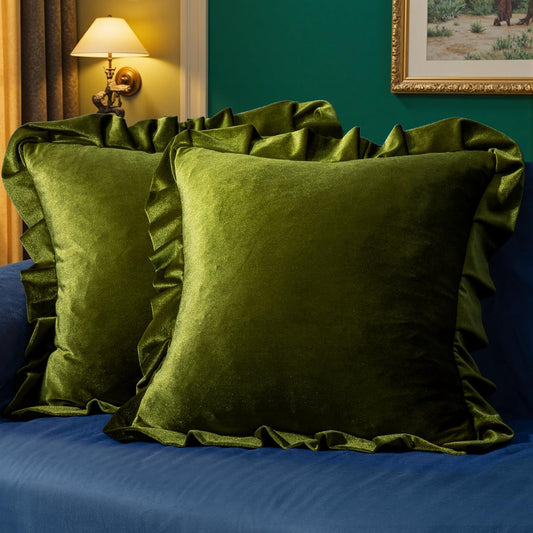Velvet Ruffle Throw Pillow Covers Soft Luxurious Olive Green Pack of 2 18X18 Inch Square Cushions Christmas Vintage Gothic Decorative Ruffled Pillow Shams for Sofa Couch Bedroom Chair