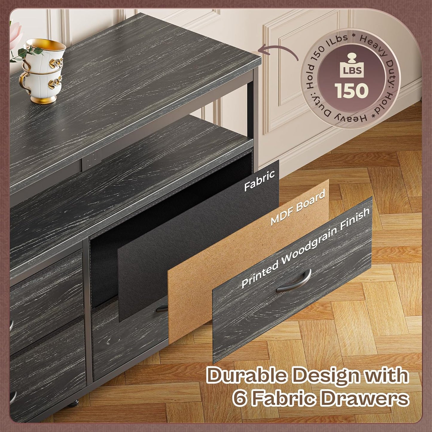 63-Inch Charcoal Black LED TV Stand for 55 to 70 Inch TVs, Multi-Functional Dresser with Power Outlets and Storage for Bedroom and Living Room