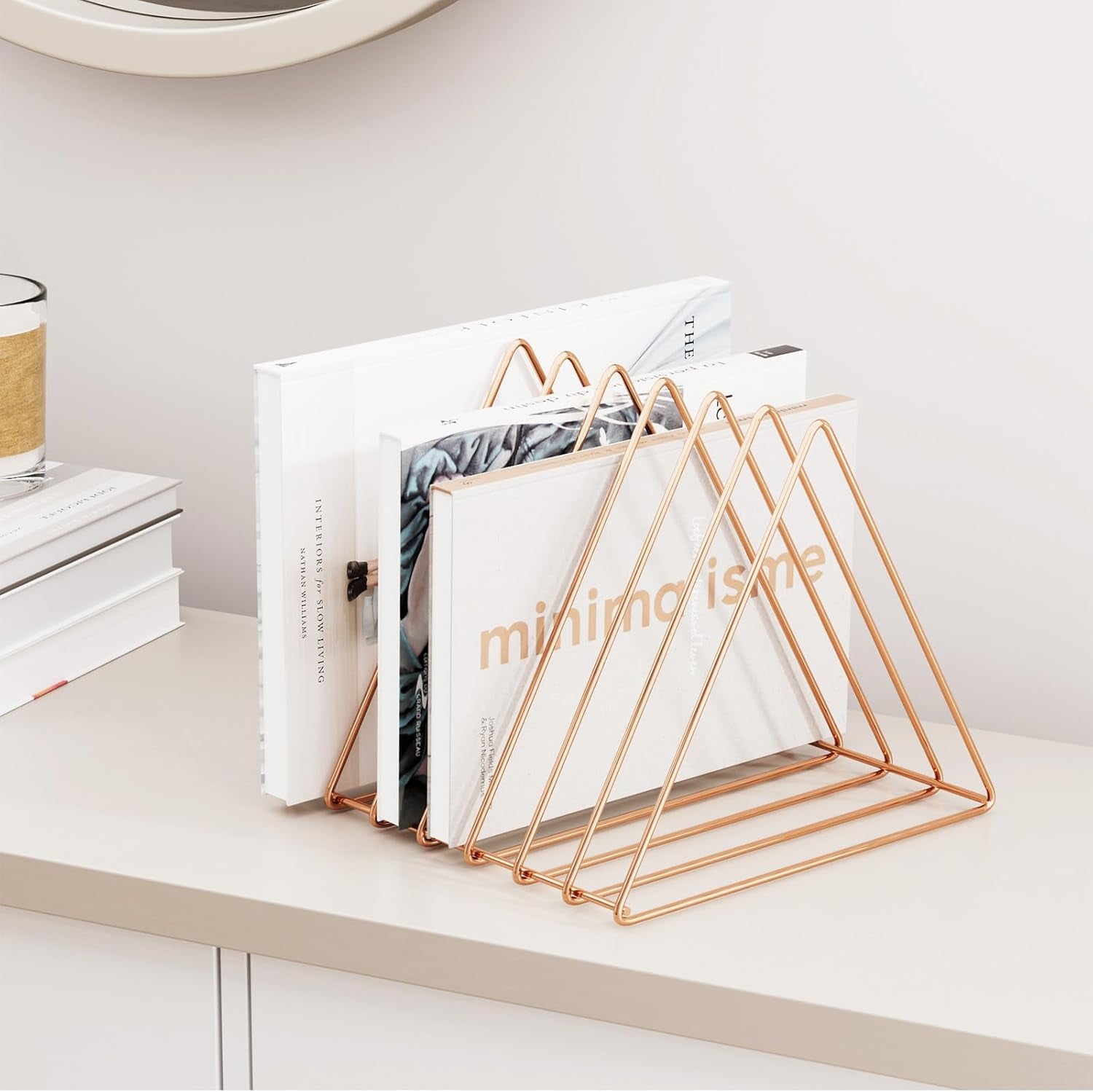 Triangle Desk Organizers Metal Wire Magazine Holder 7 Sections Decorative Vinyl Record Storage Office File Organizer for Desk - Rose Gold Magazine File Holder - 2 Pack