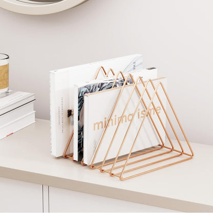 Triangle Desk Organizers Metal Wire Magazine Holder 7 Sections Decorative Vinyl Record Storage Office File Organizer for Desk - Rose Gold Magazine File Holder - 2 Pack