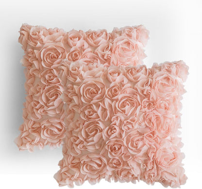 Pack of 2 3D Decorative Spring Romantic Stereo Chiffon Rose Flower Pillow Covers Solid Square Pillowcases for Valentines Day Decoration Sofa Bedroom Car 16X16 Inch 40X40Cm Peach Pink Wedding