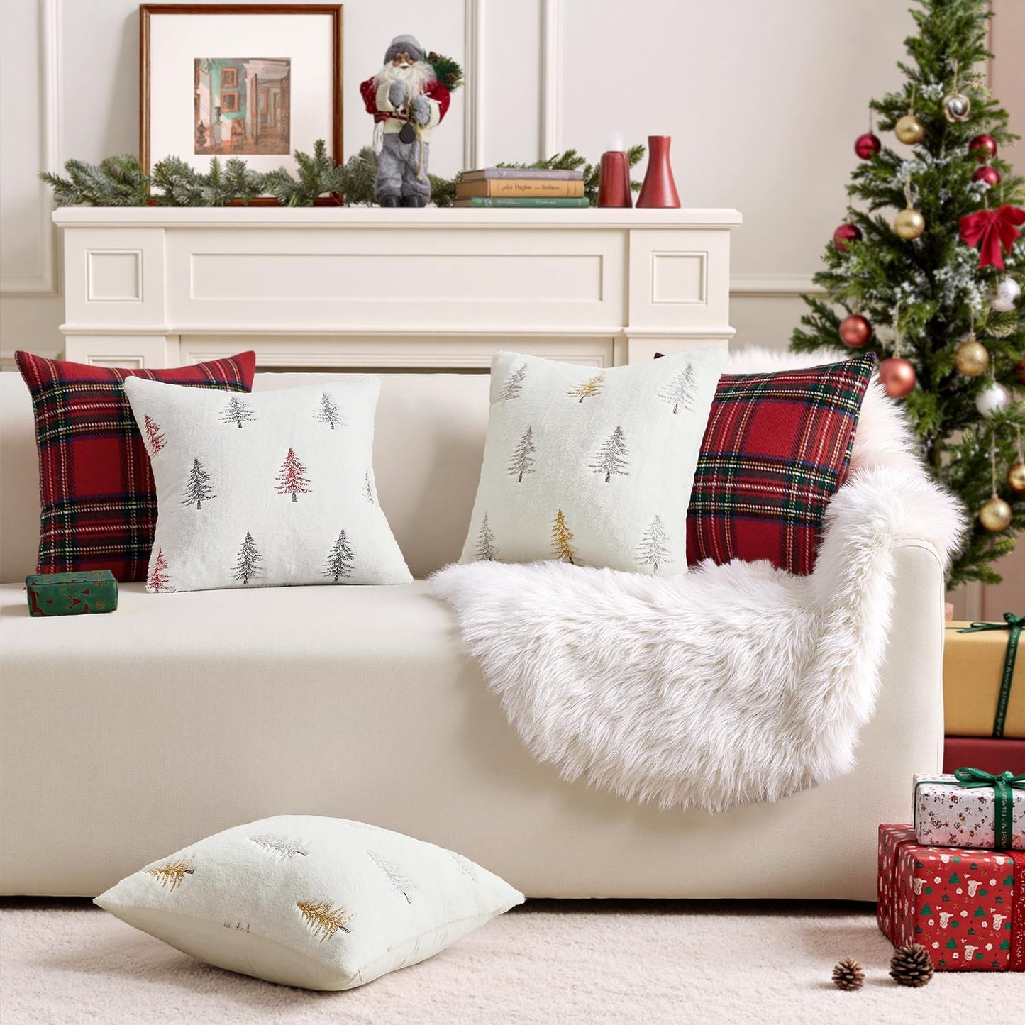 Christmas Decorative Pillow Covers Set of 2 Faux Fur Throw Pillows with Embroidered Christmas Tree 18X18 Inch White Gold Winter Couch Covers for Festival Sofa Bedroom Living Room Home Decor