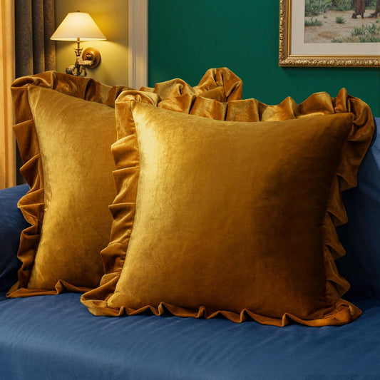 Velvet Ruffle Throw Pillow Covers Soft Luxurious Golden Camel Pack of 2 18X18 Inch Square Cushions Vintage Gothic Decorative Ruffled Pillow Shams for Sofa Couch Bedroom Chair