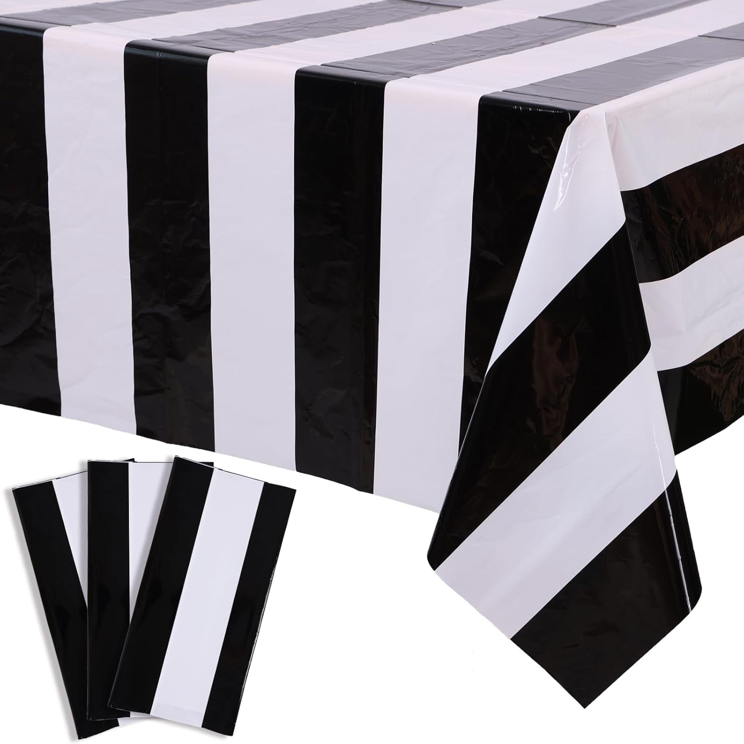 3 Packs Black and White Horizontal Striped Table Cloth 54 X 108 Inch Classic Black Stripe Tablecloths Disposable Plastic Stripe Table Covers Waterproof Picnic Tablecover for Halloween Party