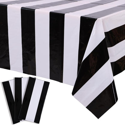 3 Packs Black and White Horizontal Striped Table Cloth 54 X 108 Inch Classic Black Stripe Tablecloths Disposable Plastic Stripe Table Covers Waterproof Picnic Tablecover for Halloween Party