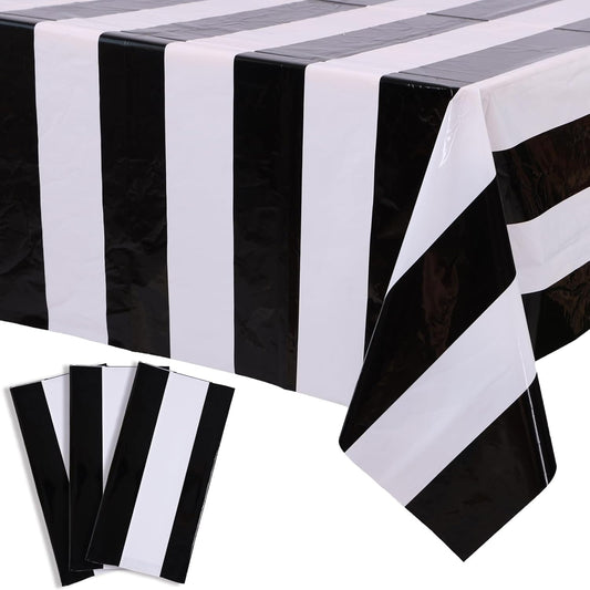 3 Packs Black and White Horizontal Striped Table Cloth 54 X 108 Inch Classic Black Stripe Tablecloths Disposable Plastic Stripe Table Covers Waterproof Picnic Tablecover for Halloween Party
