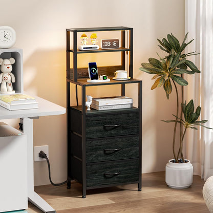Tall Nightstand with 4-Tier Shelves, 3 Fabric Drawers, LED Charging Station, Black Oak Bedside Table for Bedroom, Hallway, and Home Office