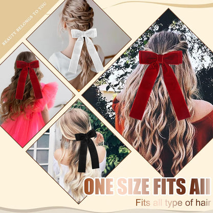 Velvet Hair Bows for Women Girls,3 PCS Black Red White Velvet Ribbon Bow Hair Clips with Long Tail,Hair Bows Barrettes for Thick Thin Hair,Nonslip Hair Accessories Christmas Birthday Gifts