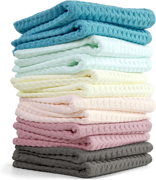 Waffle Wash Cloths Set of 12, Cotton Washcloths for Body and Face, 13” X 13”, 6 Assorted Colors
