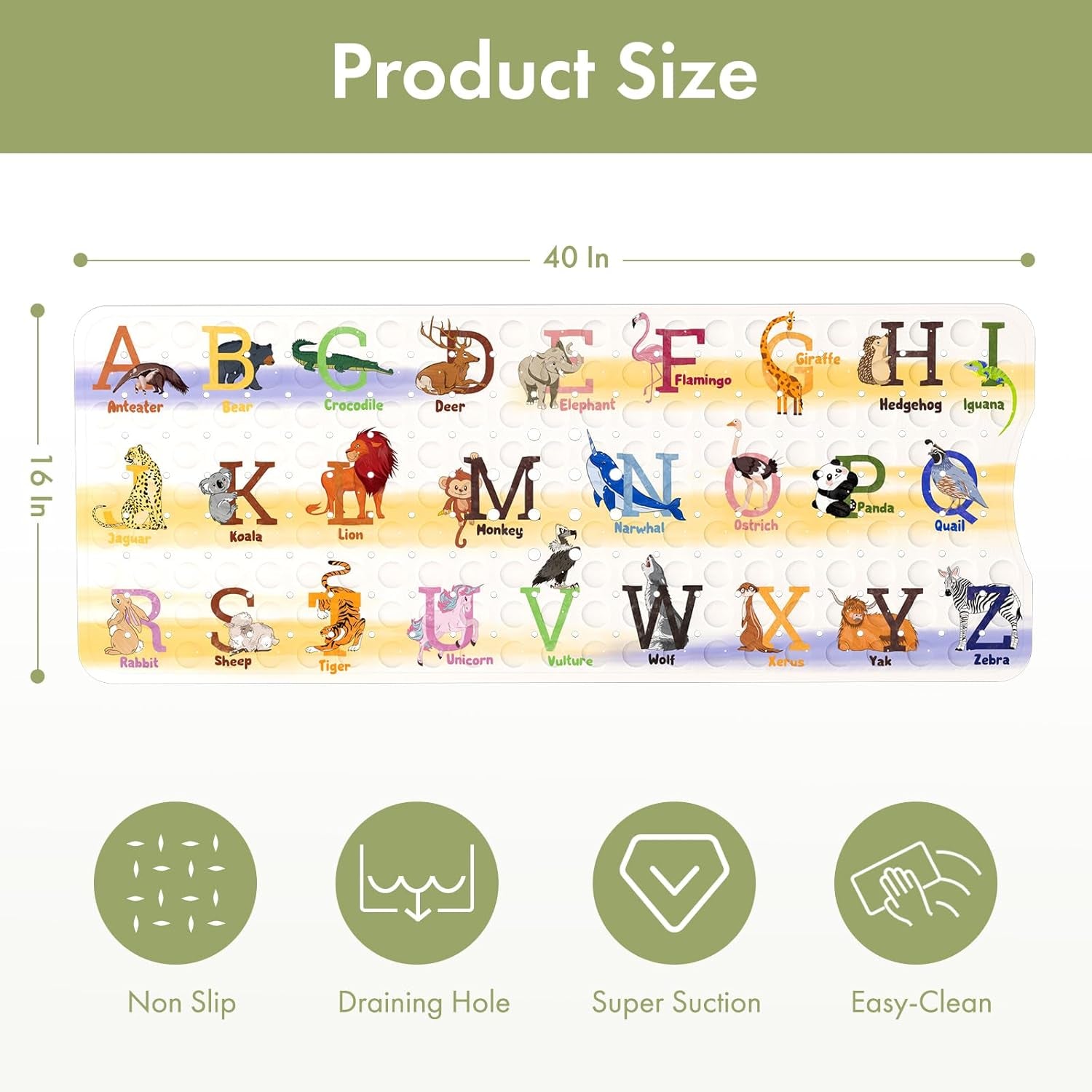 Baby Bath Mat Non Slip, Cartoon Kids Bath Mat for Tub 40 X 16 Inches Full Size Shower Stall Mats - Alphabets & Animals