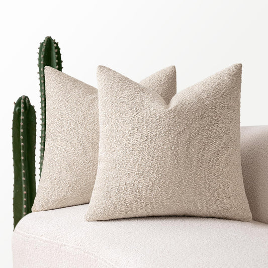 18X18 Inch Decorative Pillow Covers for Couch Bed Set of 2 Textured Boucle Neutral Throw Pillows Oatmeal Accent Solid Cushion Pillowcase Cozy Soft Sofa Livingroom Home Decor