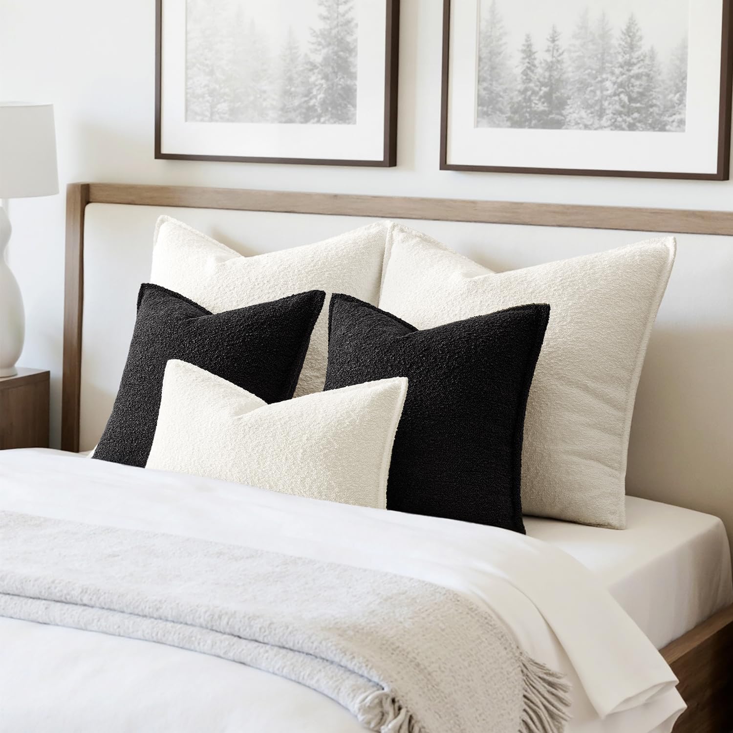 Pack of 2 Decorative Textured Boucle Throw Pillow Covers 12X20 Inch Black Broadside Thick Boho Lumbar Pillows for Farmhouse Accents Sofa Couch Bedroom Living Room Home Decor