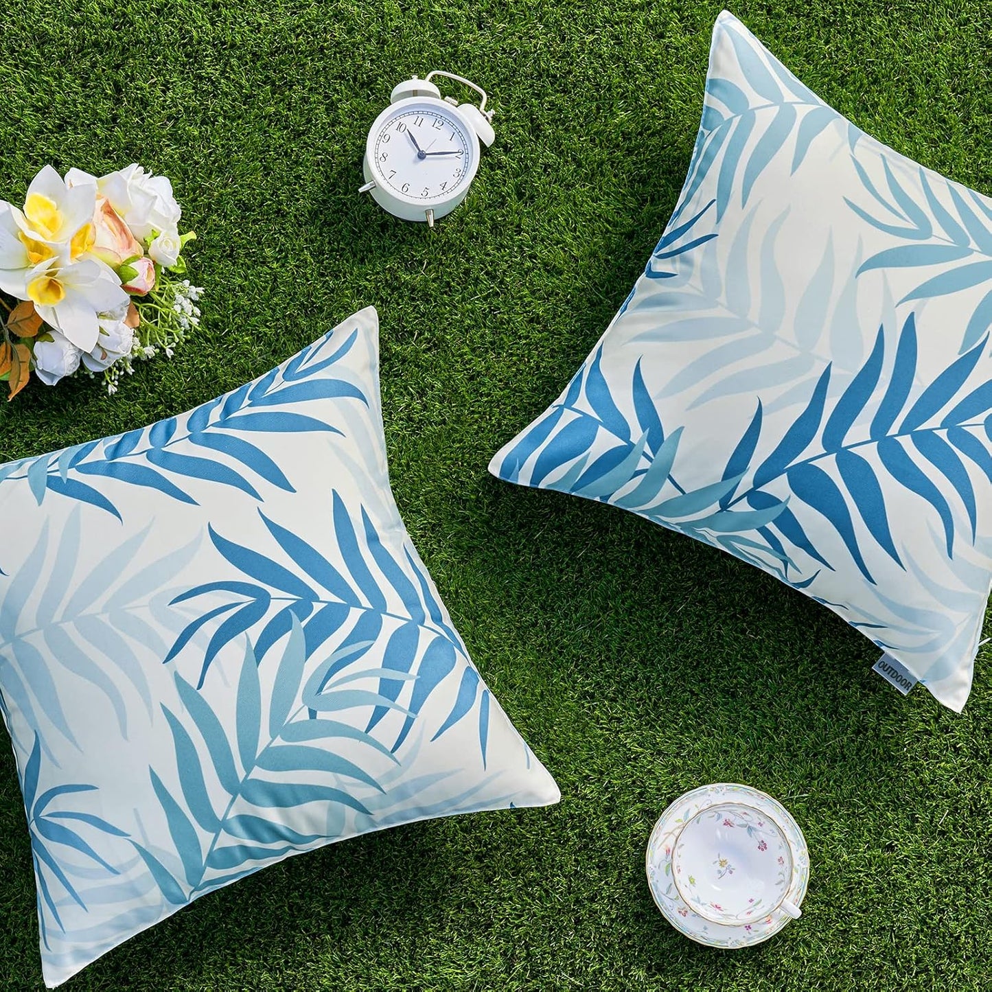 Pack of 2 Decorative Outdoor Waterproof Throw Pillow Covers Patio Pillow Cases Natural Leaves Pattern Spring Square Cushion Shams Shell for Garden Balcony Couch 20X20 Inch, Light Blue