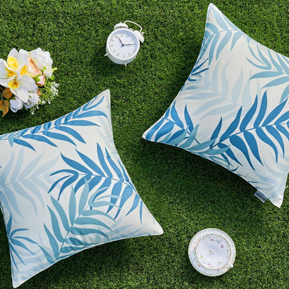 Pack of 2 Decorative Outdoor Waterproof Throw Pillow Covers Patio Pillow Cases Natural Leaves Pattern Spring Square Cushion Shams Shell for Garden Balcony Couch 20X20 Inch, Light Blue