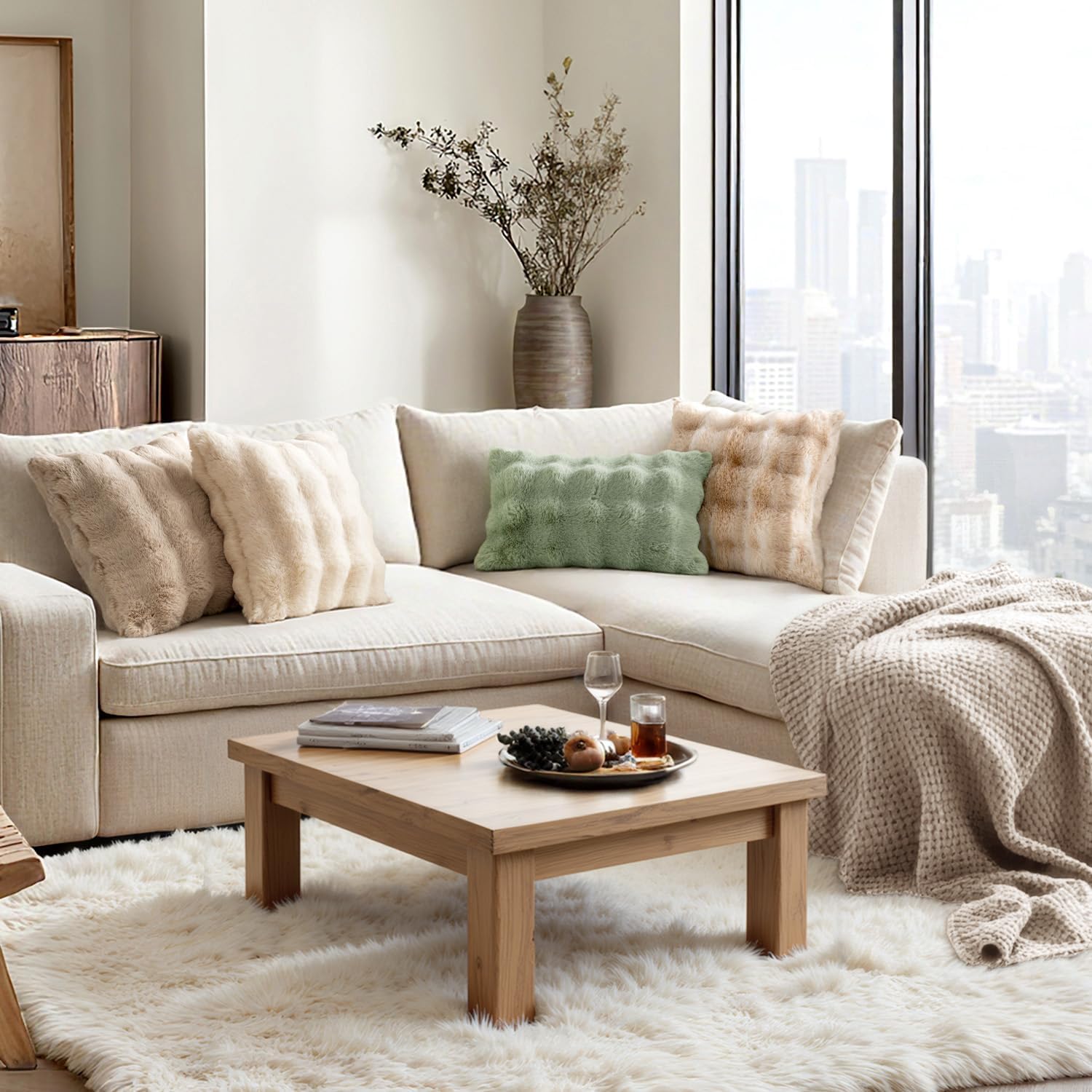 Pack of 2 Decorative Pillow Covers Thick Soft Plush Faux Fur Throw Pillows Luxury Home Decor for Couch Bedroom Living Room Sofa,20X20 Inch Khaki