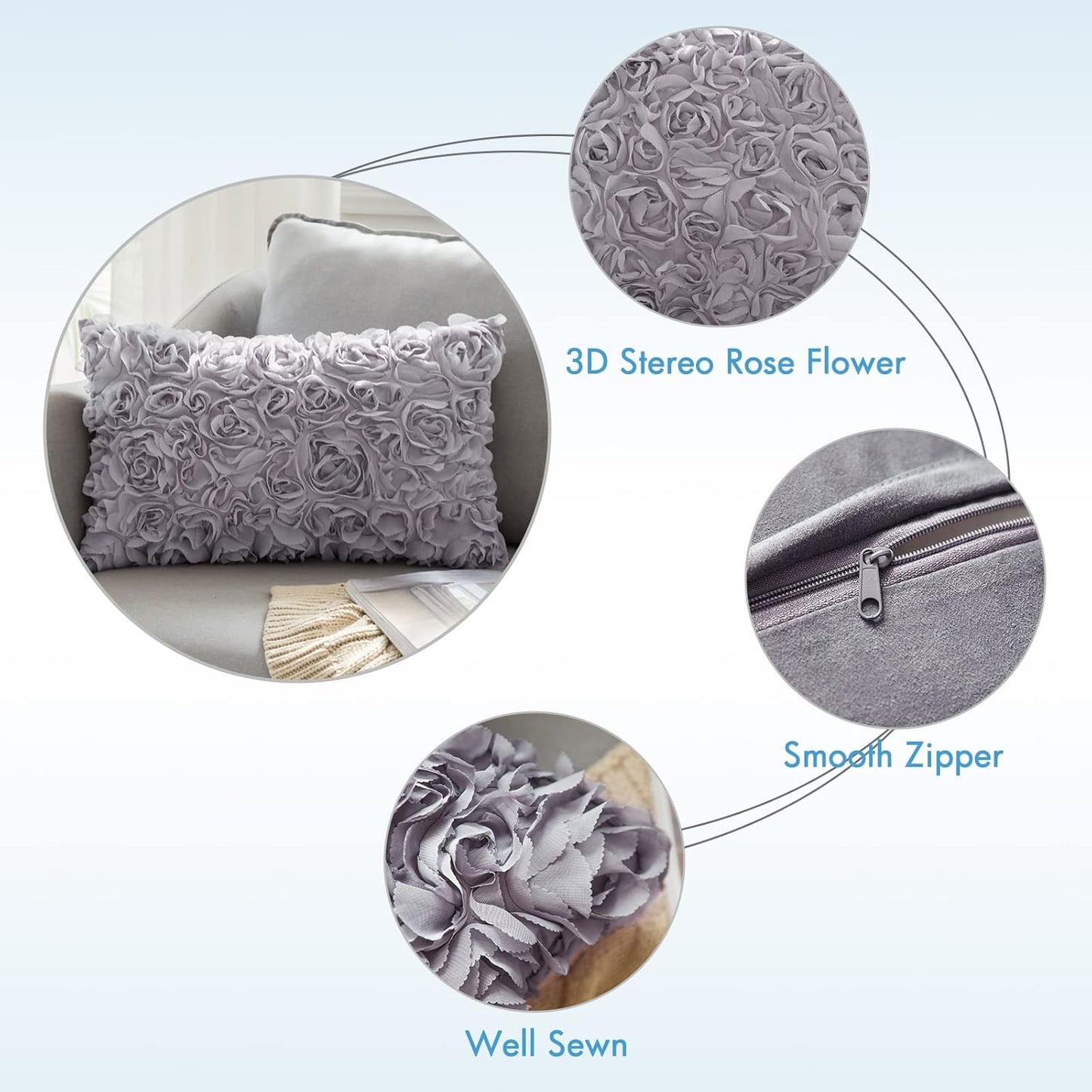 3D Decorative Spring Romantic Stereo Chiffon Rose Flower Pillow Cover with Pillow Inserts 12X20 Inch