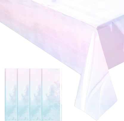 Set of 4 White Iridescent Disposable Tablecloths - 40 x 108 inches - Shiny Holographic Plastic Covers for Party, Wedding, and Banquet Decor